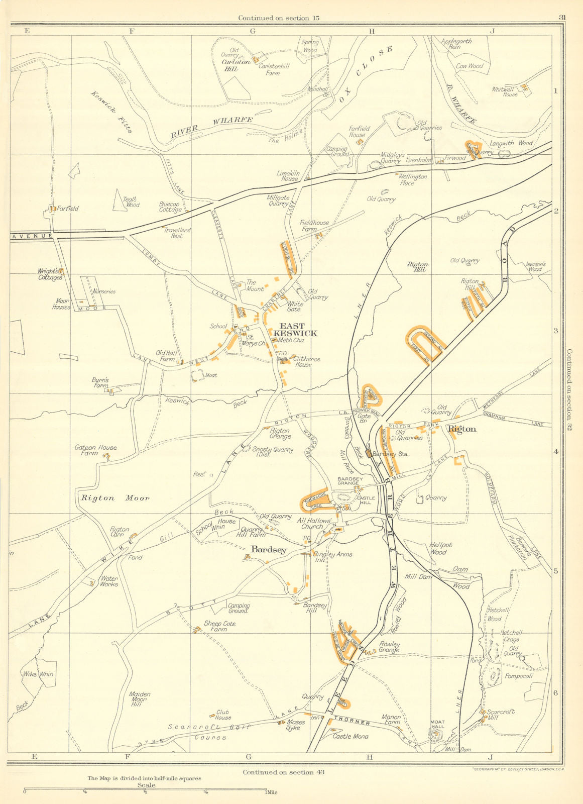YORKSHIRE East Keswick Bardsey Rigton Carlston Hill Scarcroft 1935 old map